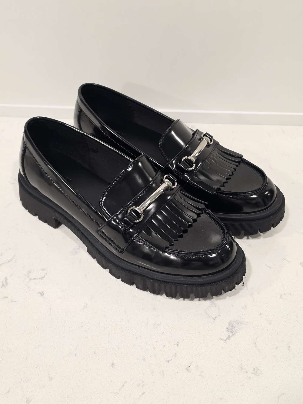 Old Navy Black Patent Fringe Loafers with Silver Bit